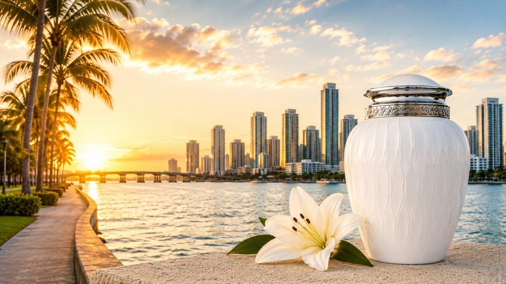 Santorini cremation urn and white lily overlooking the Miami skyline at sunrise, representing compassionate cremation services in South Florida.